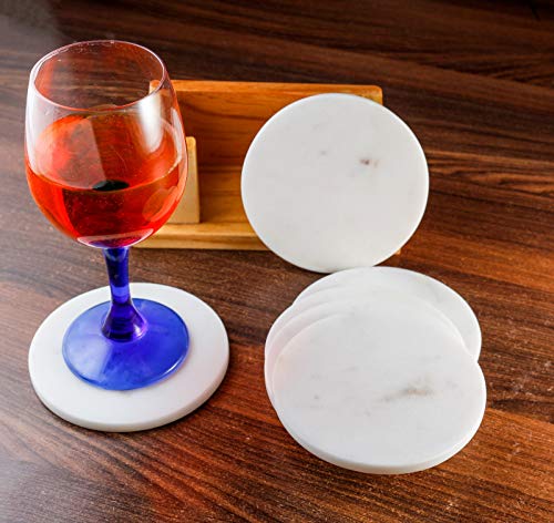 100% Pure Marble Natural Stone Coasters for Drinks with Wooden Holder Housewarming Suitable for Cup Glasses Prevent Furniture from Dirty Spills Water Ring, Scratches 4Inches Set of 6-Tuzech store