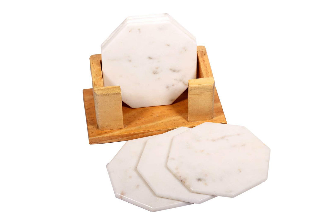 100% Pure Marble Natural Stone Coasters for Drinks with Wooden Holder Housewarming Suitable for Cup Glasses Prevent Furniture from Dirty Spills Water Ring, Scratches 4Inches Set of 6-Tuzech store