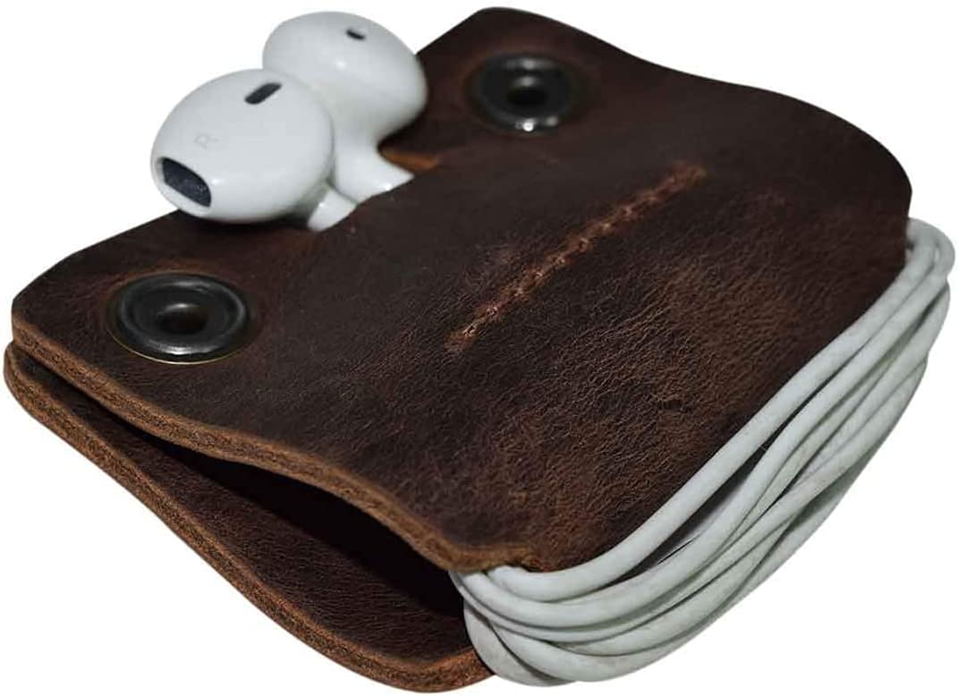 Tuzech Leather Cord Keeper (Cord Clam) Cord Snap Wrap Headphone Wrap Tangle Free Cord Sandwich Handmade Brown Color