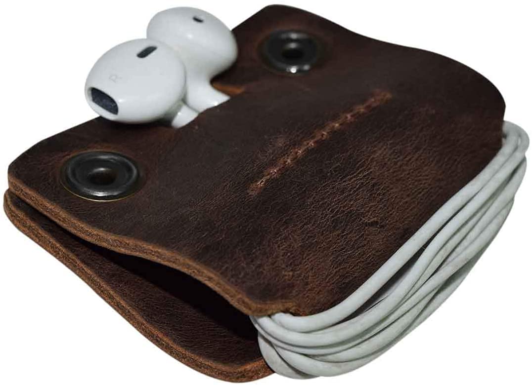 Tuzech Leather Cord Keeper (Cord Clam) Cord Snap Wrap Headphone Wrap Tangle Free Cord Sandwich Handmade Brown Color
