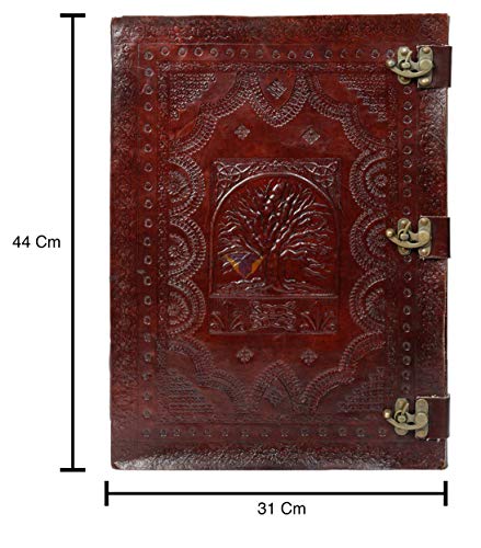 Tuzech Handmade Unique and Antique Notebook Diary for Men Women Nice Tree Embossed Design in Turquoise Color Brass Lock for Nice Closer Unlined Paper 18x13 Inches-Tuzech store