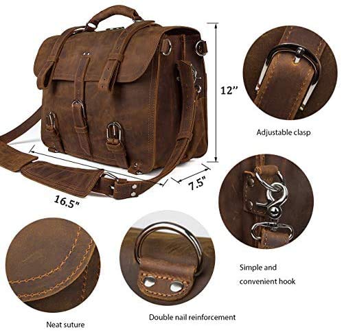 Men's Retro Full Grain Leather 16'' Briefcase Shoulder Messenger Bag Fit 16 Laptop (2019 Version)-Tuzech store