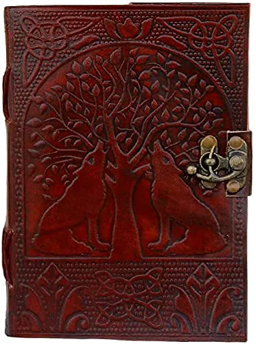 TUZECH Tree of Life with Wolves Vintage Book of Shadows Handmade Leather Journal Diary Hocus Pocus Notebook Seven Chakra Gift for Men Women Him Her With Leather Bound 7X5 Inches