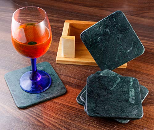 100% Pure Marble Natural Stone Coasters for Drinks with Wooden Holder Housewarming Suitable for Cup Glasses Prevent Furniture from Dirty Spills Water Ring, Scratches 4Inches Set of 6-Tuzech store