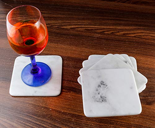 100% Pure Marble Natural Stone Coasters for Drinks with Wooden Holder Housewarming Suitable for Cup Glasses Prevent Furniture from Dirty Spills Water Ring, Scratches 4Inches Set of 6-Tuzech store