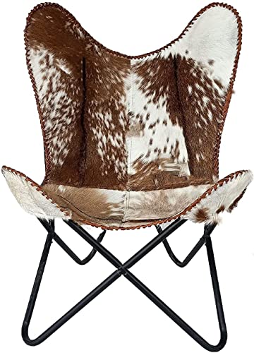 Tuzech Handmade Leather Living Room Butterfly Chair Tan Side Hand Stitch Leather Butterfly Chair for Relaxing with Folding Iron Frame Vintage Arm Chair Home Décor (Hairon White & Dark Brown)-Tuzech store