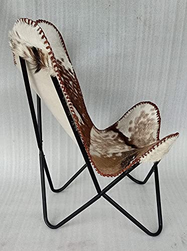 Tuzech Handmade Leather Living Room Butterfly Chair Tan Side Hand Stitch Leather Butterfly Chair for Relaxing with Folding Iron Frame Vintage Arm Chair Home Décor (Hairon White & Dark Brown)-Tuzech store