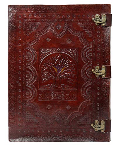 Tuzech Handmade Unique and Antique Notebook Diary for Men Women Nice Tree Embossed Design in Turquoise Color Brass Lock for Nice Closer Unlined Paper 18x13 Inches-Tuzech store