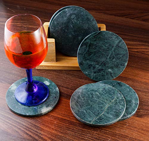 100% Pure Marble Natural Stone Coasters for Drinks with Wooden Holder Housewarming Suitable for Cup Glasses Prevent Furniture from Dirty Spills Water Ring, Scratches 4Inches Set of 6-Tuzech store
