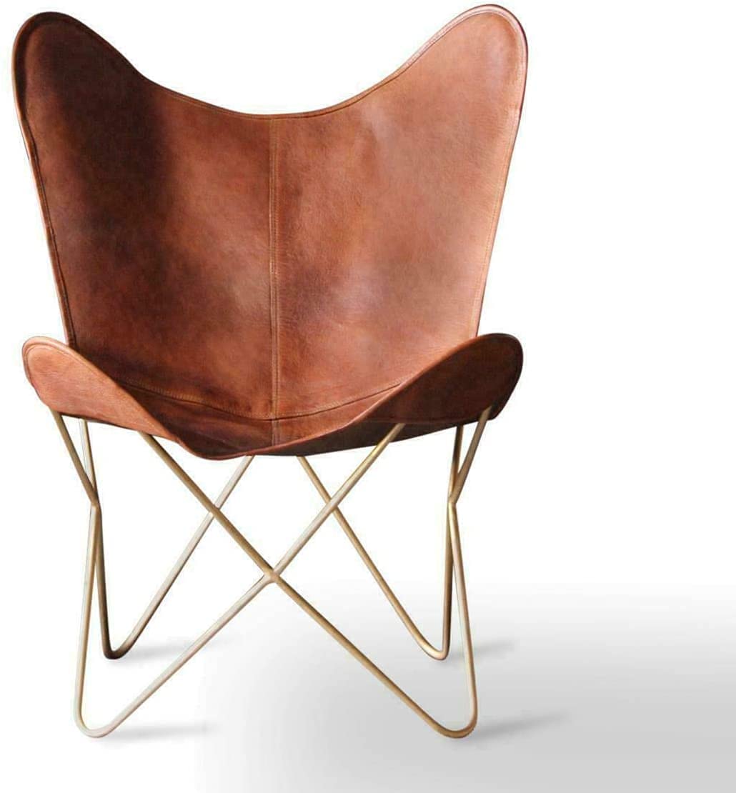 TUZECH Leather Living Room Chairs-Butterfly Chair Brown Handmade with Powder Coated Folding Iron Frame Leather Butterfly Chair-Tuzech store