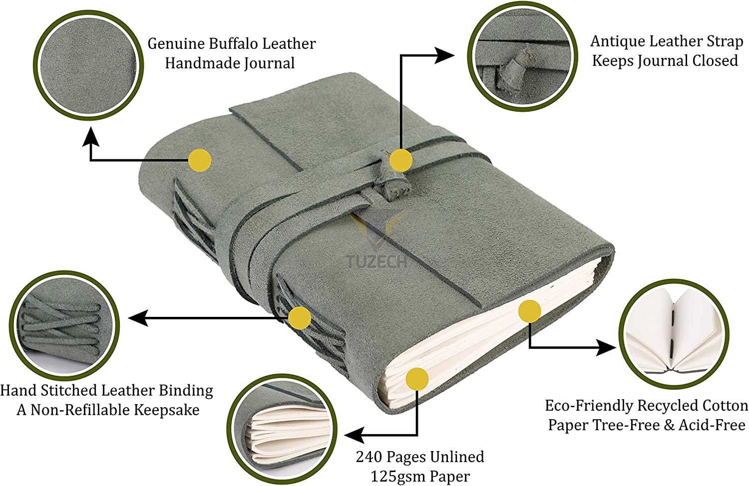 Tuzech Leather Journal Large Writing Notebook - Handmade Leather Bound Journal For Women and Men Gift For Art Sketchbook, Travel Diary And Notebooks To Write In 7 by 5 Inches (Premium Soothing Green)-Tuzech store