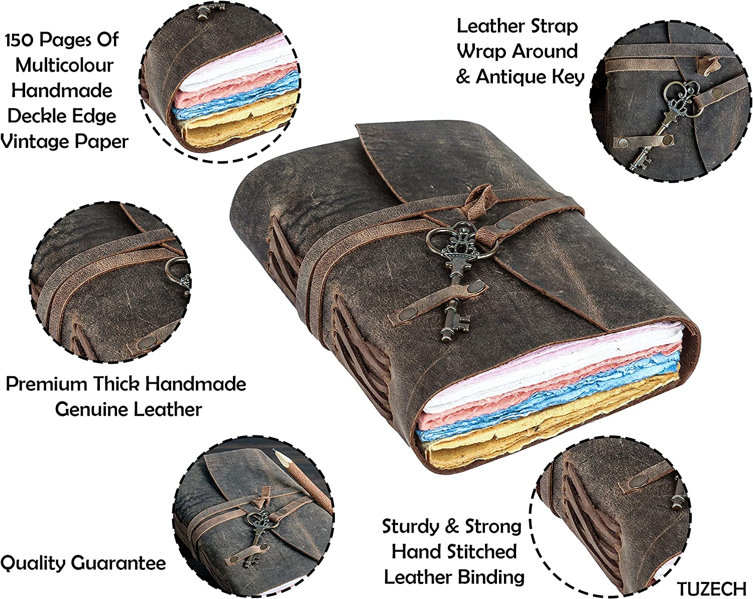 Tuzech Leather Journal for Women Men Gift With Deckle Edge Paper , Leather Scrapbook, Book of Shadows, Vintage Journal, Old Books, Grimoire, Antique Drawing Sketchbook Colourful Paper 7 by 5 Inches-Tuzech store