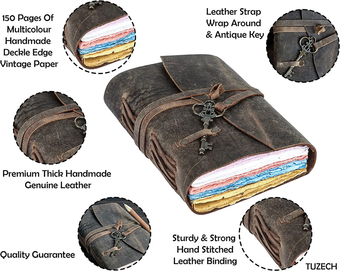 Tuzech Leather Journal for Women Men Gift With Deckle Edge Paper , Leather Scrapbook, Book of Shadows, Vintage Journal, Old Books, Grimoire, Antique Drawing Sketchbook Colourful Paper 7 by 5 Inches-Tuzech store