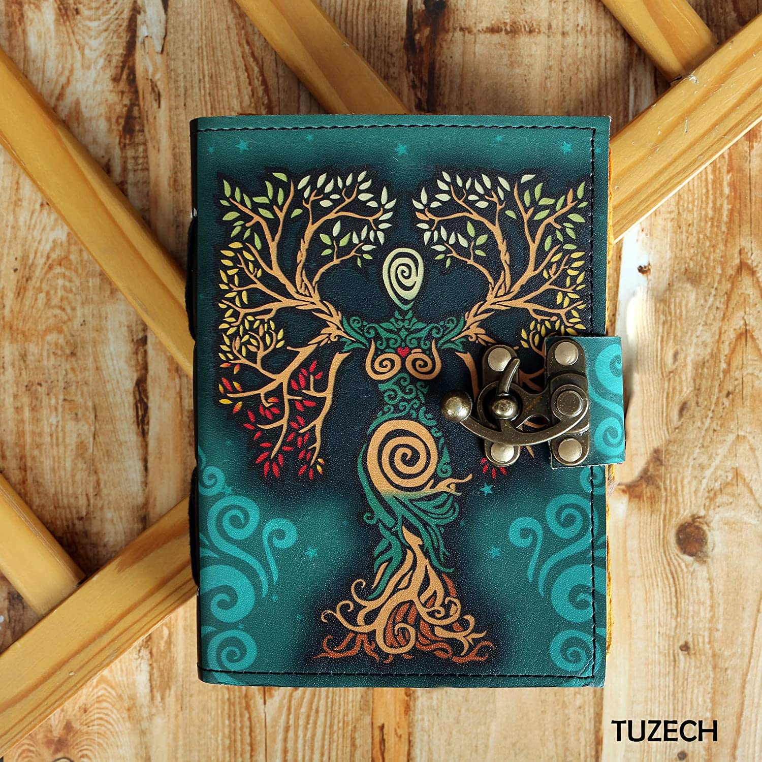 Tuzech Blank Spell Book Of Shadows Journal With Lock Clasp Prop Vintage Handmade Leather Diary For Women Men Gift Embossed Prayer Pagan Antique Witchcraft Wiccan Notebook Daily 7 Inches-Tuzech store