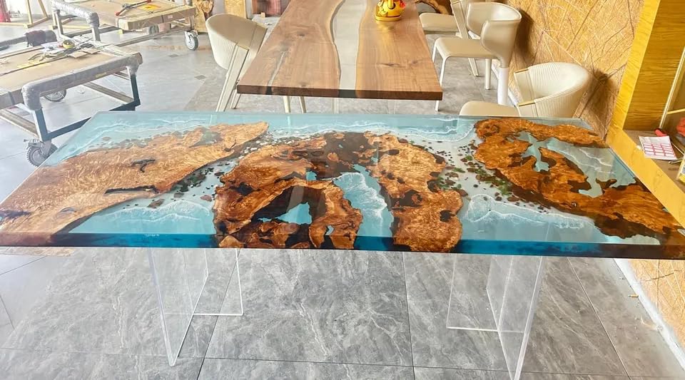 TUZECH Custom Made Wood Island Epoxy Table Ocean Waves with Stone Look Resin Table Epoxy Coastal Table Dining Table Coffee Table Side/End Table Living Room Table Home Décor