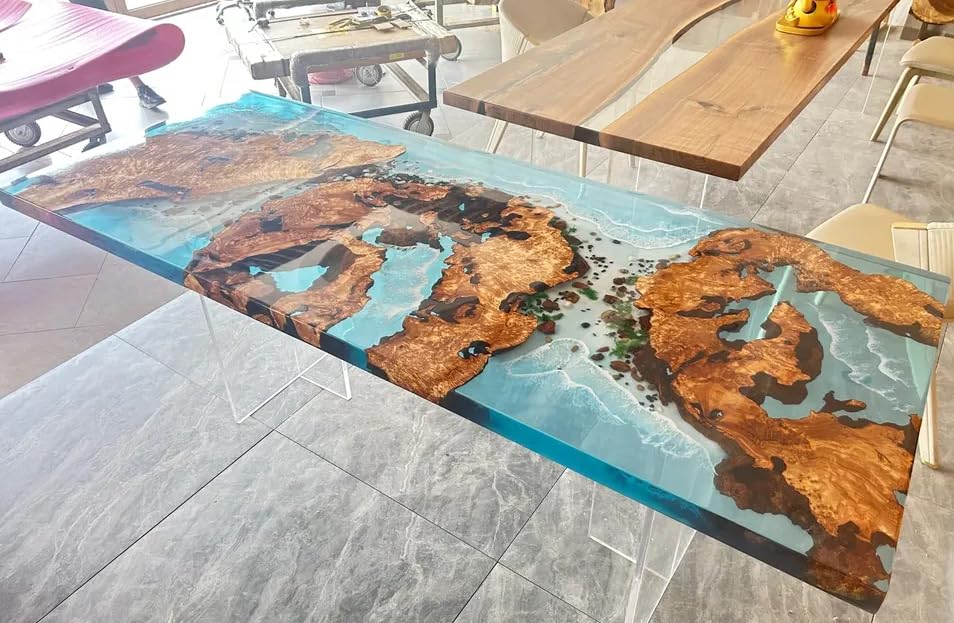 TUZECH Custom Made Wood Island Epoxy Table Ocean Waves with Stone Look Resin Table Epoxy Coastal Table Dining Table Coffee Table Side/End Table Living Room Table Home Décor