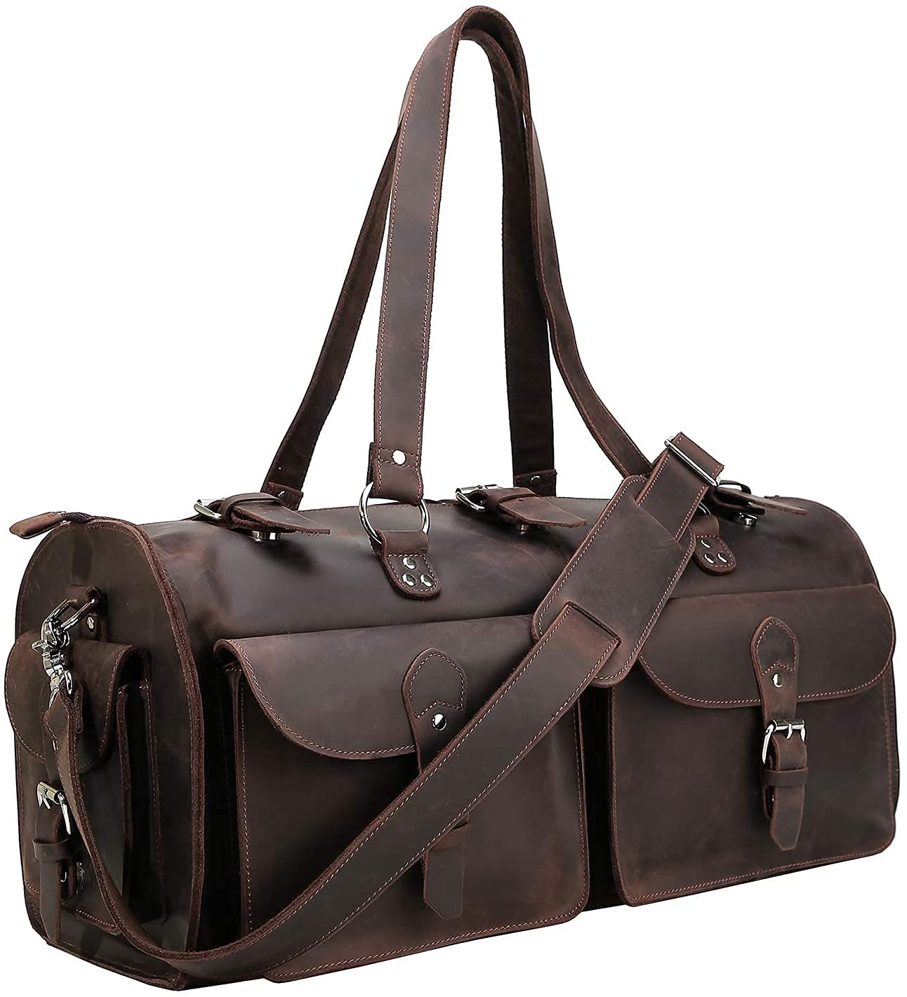TUZECH Handmade Traditional Natural Full Grain Leather Weekender Carry On Duffle Duffel Bag For Men Travel Luggage Bags in Square With YKK zippers Dark Brown Color (22 Inches)-Tuzech store