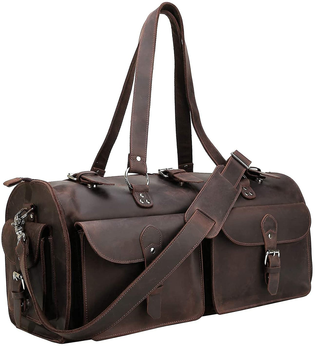 TUZECH Handmade Traditional Natural Full Grain Leather Weekender Carry On Duffle Duffel Bag For Men Travel Luggage Bags in Square With YKK zippers Dark Brown Color (22 Inches)-Tuzech store