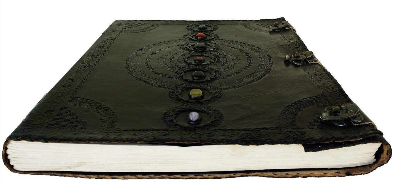 TUZECH Seven Chakra Medieval Stone Embossed Handmade Jumbo Leather Journal Book of Shadows Notebook Office Diary College Poetry Sketch-Tuzech store