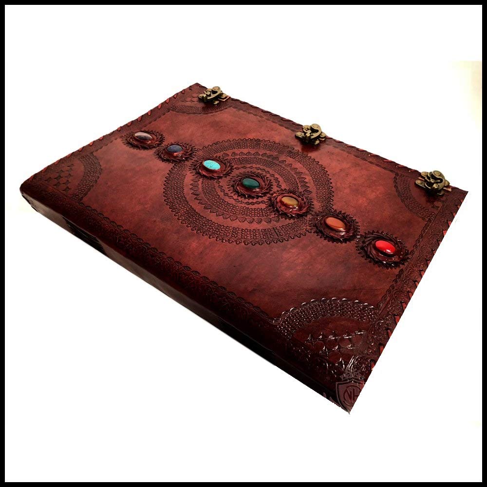 Seven Chakra Medieval Stone Embossed Handmade Leather Journal Book of Shadows Notebook Office Diary College Book Poetry Book Sketch Book - 1.8 FEET - Giant Leather Diary (22 Inches)-Tuzech store