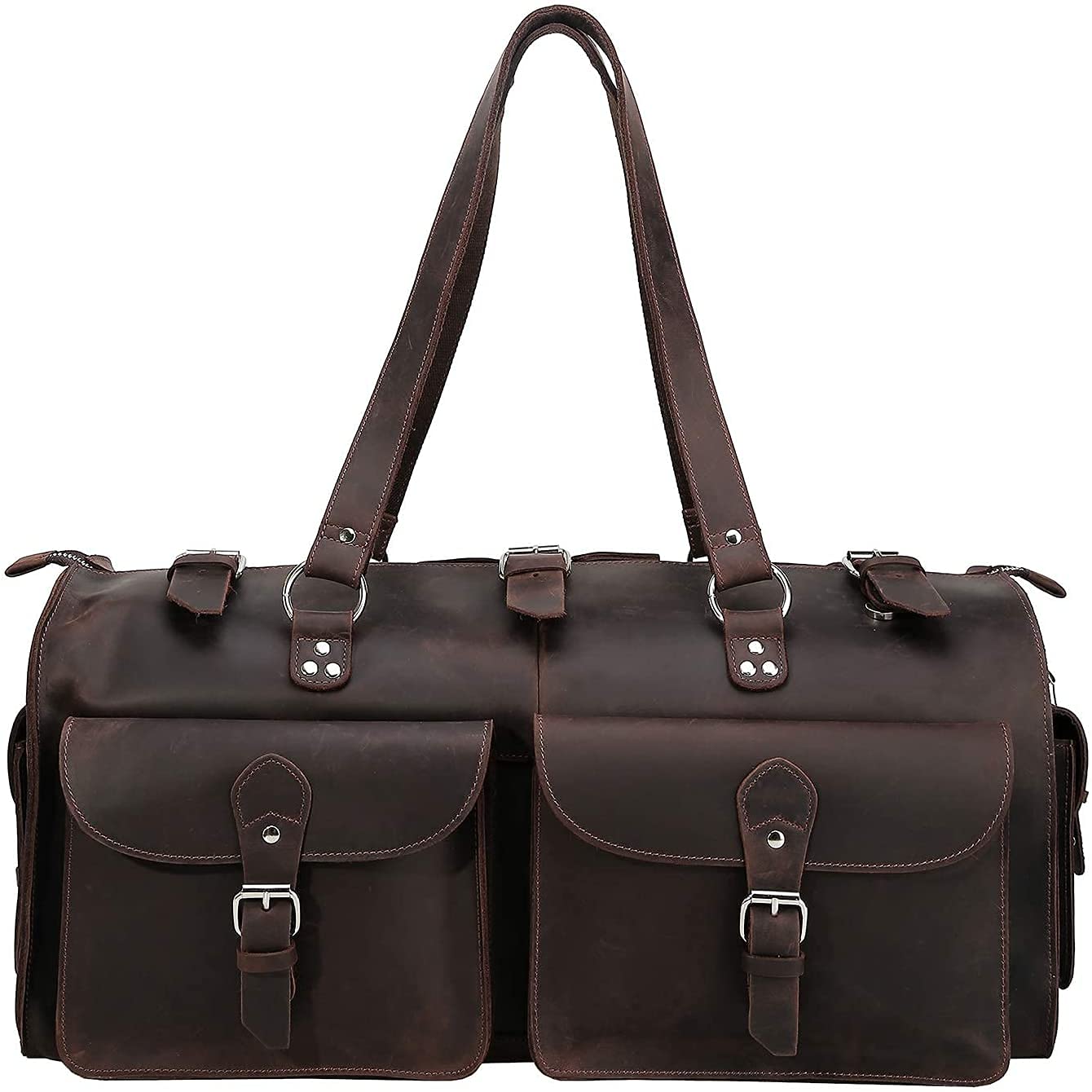 TUZECH Handmade Traditional Natural Full Grain Leather Weekender Carry On Duffle Duffel Bag For Men Travel Luggage Bags in Square With YKK zippers Dark Brown Color (22 Inches)-Tuzech store