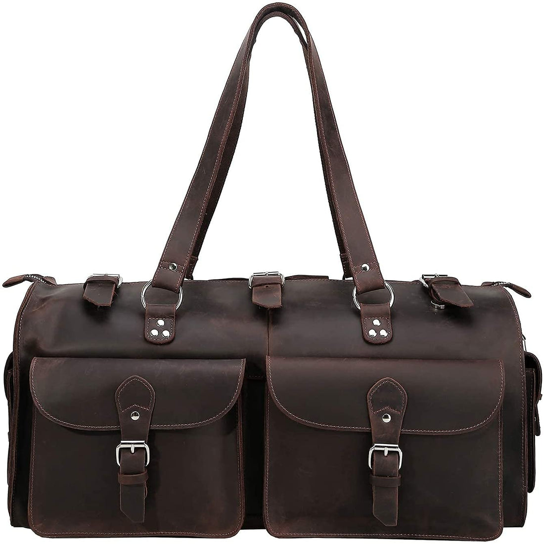 TUZECH Handmade Traditional Natural Full Grain Leather Weekender Carry On Duffle Duffel Bag For Men Travel Luggage Bags in Square With YKK zippers Dark Brown Color (22 Inches)-Tuzech store