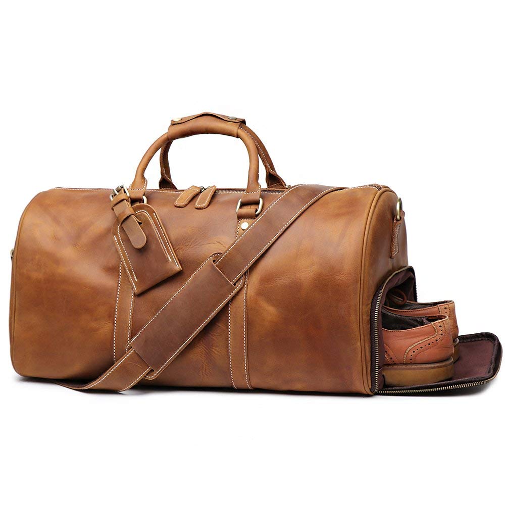 TUZECH Leather Vintage Travel Luggage Bag Men Duffle Retro Carry on Handbag Tan Brown – | Gym Sports Bag Airplane Luggage Carry-With Shoe Compartment (22 Inches)-Tuzech store
