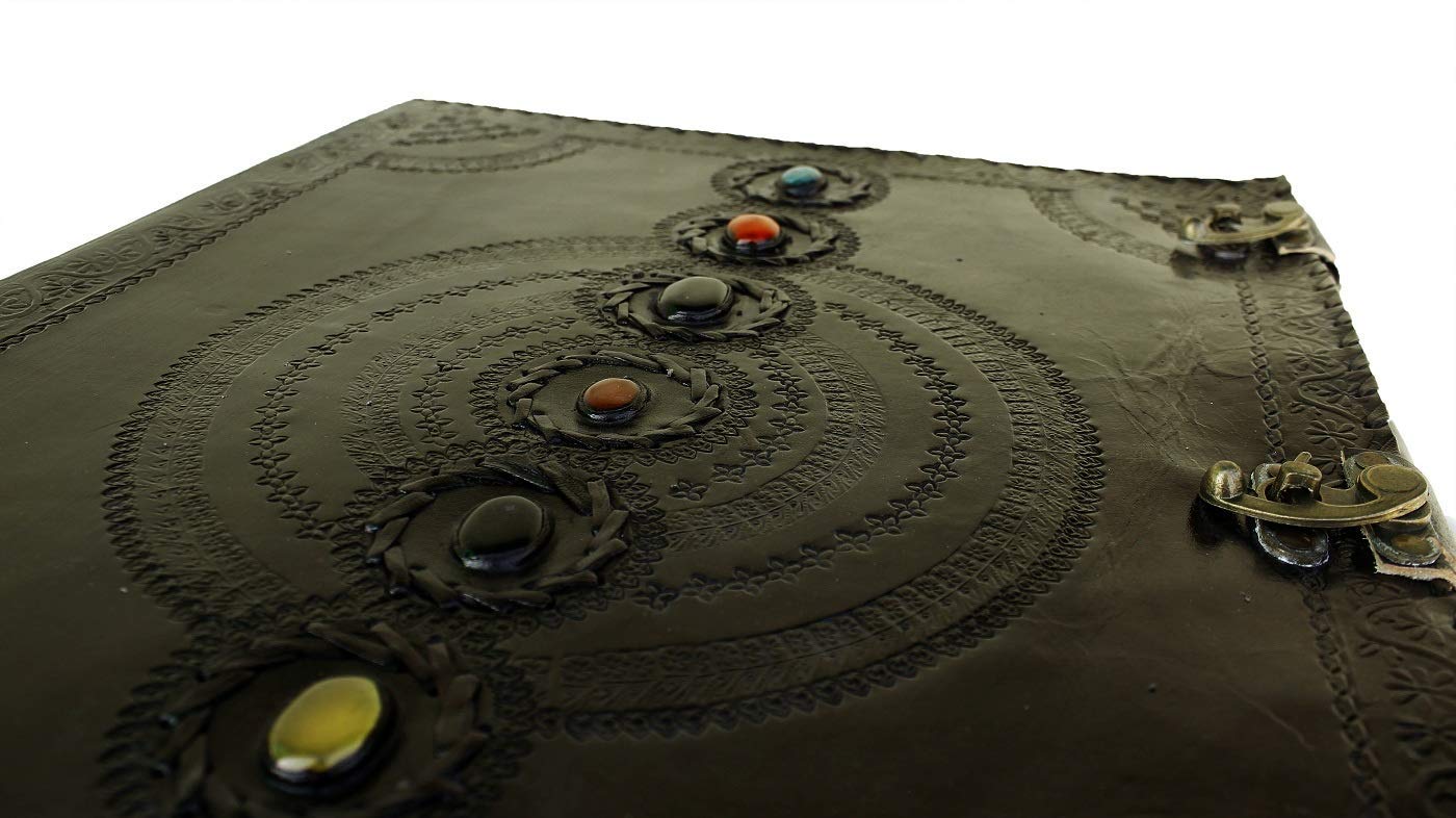 TUZECH Seven Chakra Medieval Stone Embossed Handmade Jumbo Leather Journal Book of Shadows Notebook Office Diary College Poetry Sketch-Tuzech store