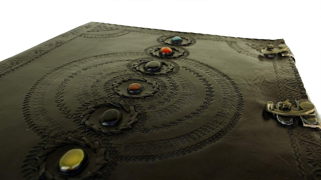 TUZECH Seven Chakra Medieval Stone Embossed Handmade Jumbo Leather Journal Book of Shadows Notebook Office Diary College Poetry Sketch-Tuzech store