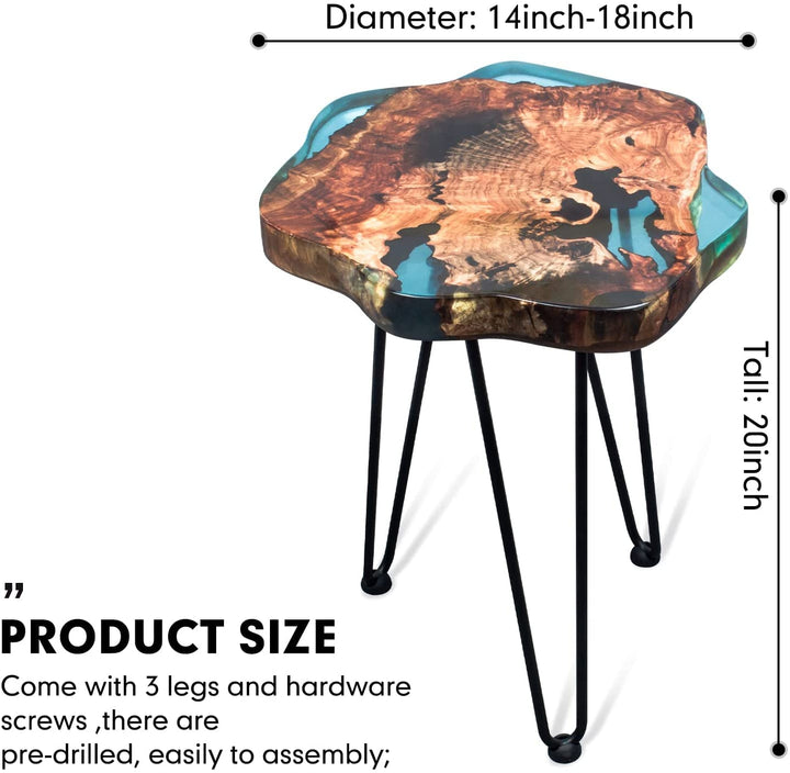 Crystal Clear Epoxy Resin Natural Edge Wood end Table, Wood Resin Side Table Hand Made Craft Coffee Table with Hairpin legs-20 inch Tall