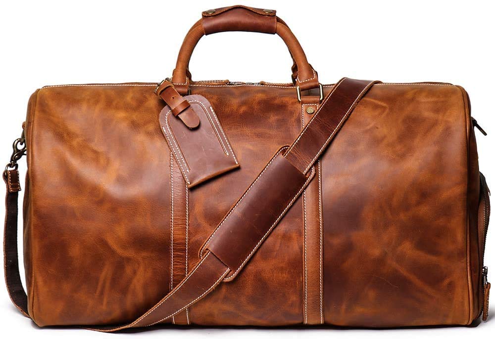 TUZECH Leather Vintage Travel Luggage Bag Men Duffel Retro Carry on Handbag Tan Brown – | Gym Sports Bag Airplane Luggage Carry-With Shoe Compartment (22 Inches)-Tuzech store
