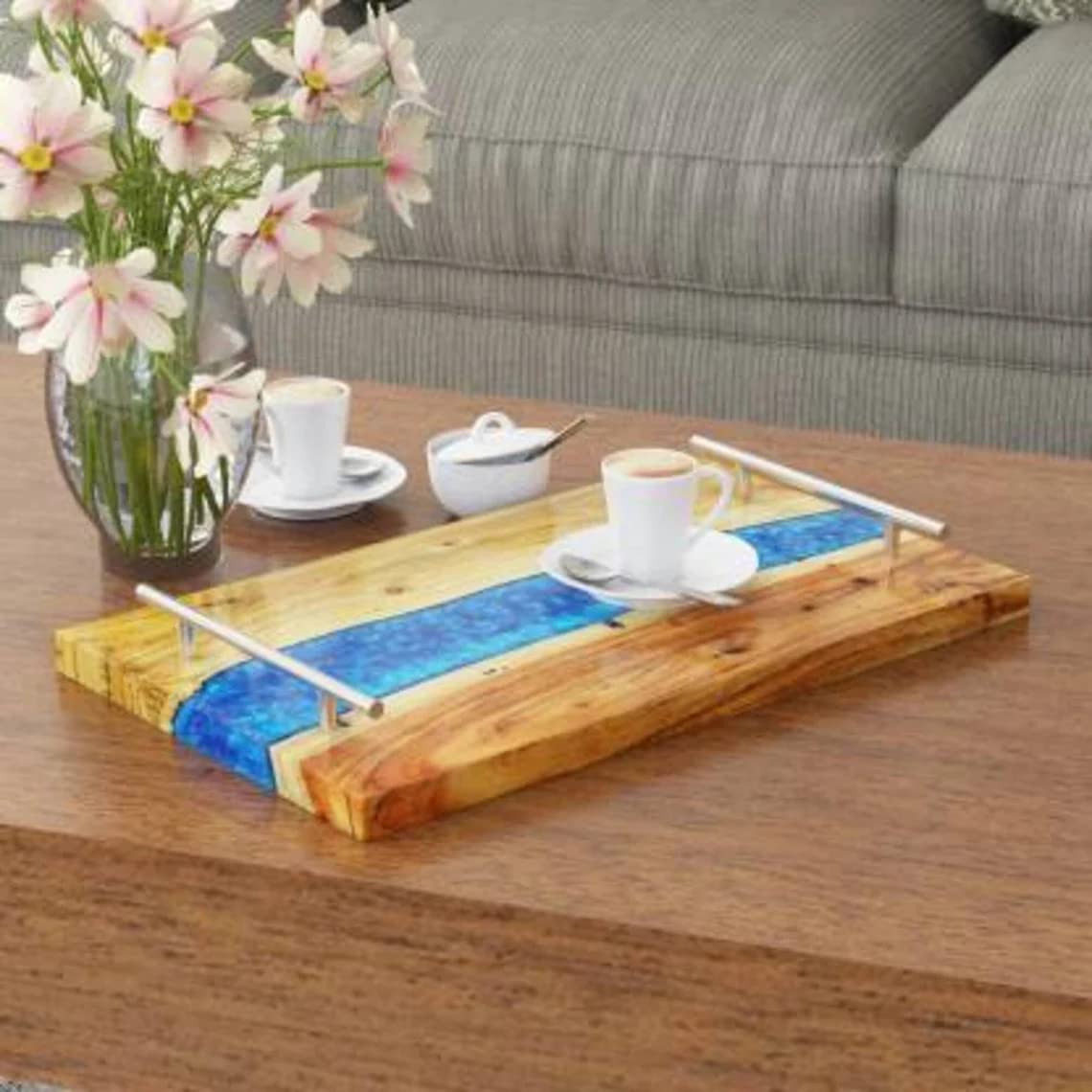 Epoxy Fully Customized Resin Green River Live Edge Wood Tray-Tuzech store