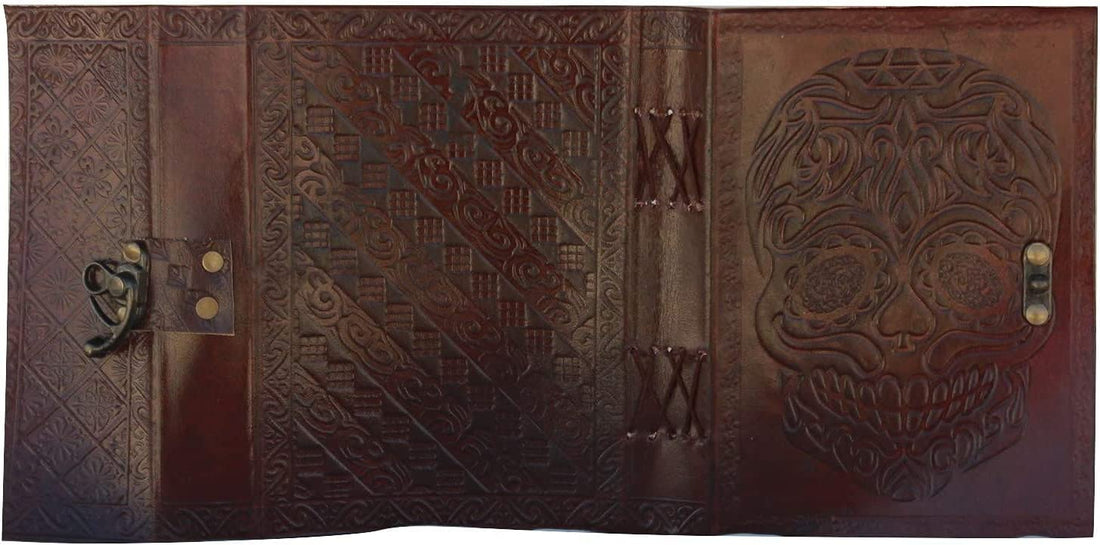 TUZECH Leather Journal Diary Skull Vintage Antique Book Of Shadows Handmade Notebook Sketchpad Hocus Pocus Notepad Gift for Men Women Seven Chakra With Leather Bound 7X5 Inches Brown