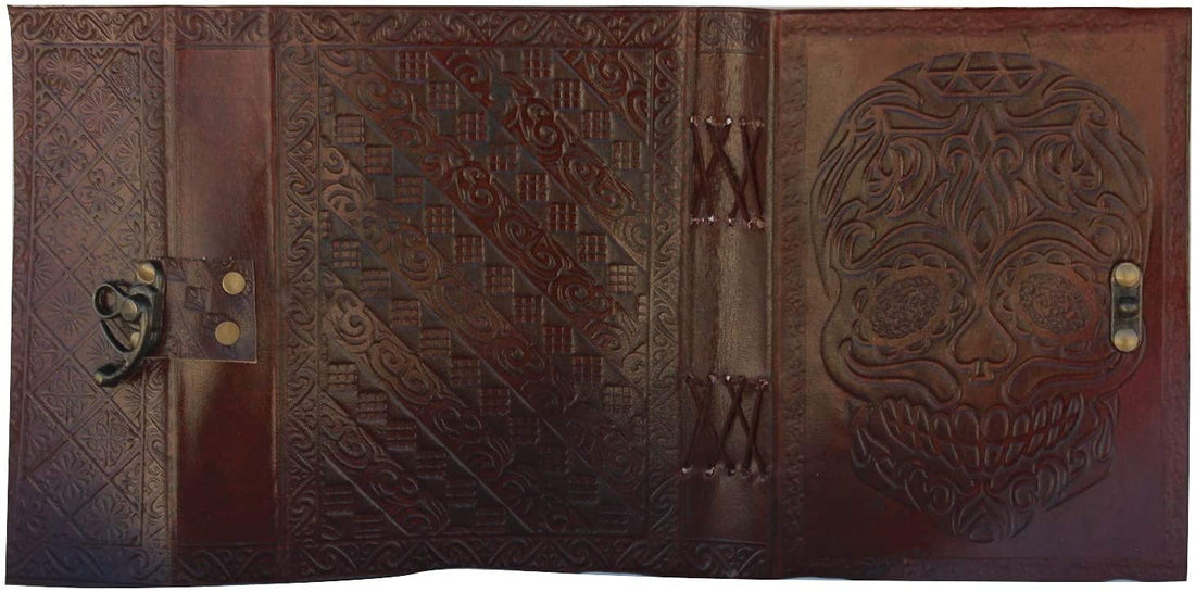 TUZECH Leather Journal Diary Skull Vintage Antique Book Of Shadows Handmade Notebook Sketchpad Hocus Pocus Notepad Gift for Men Women Seven Chakra With Leather Bound 7X5 Inches Brown