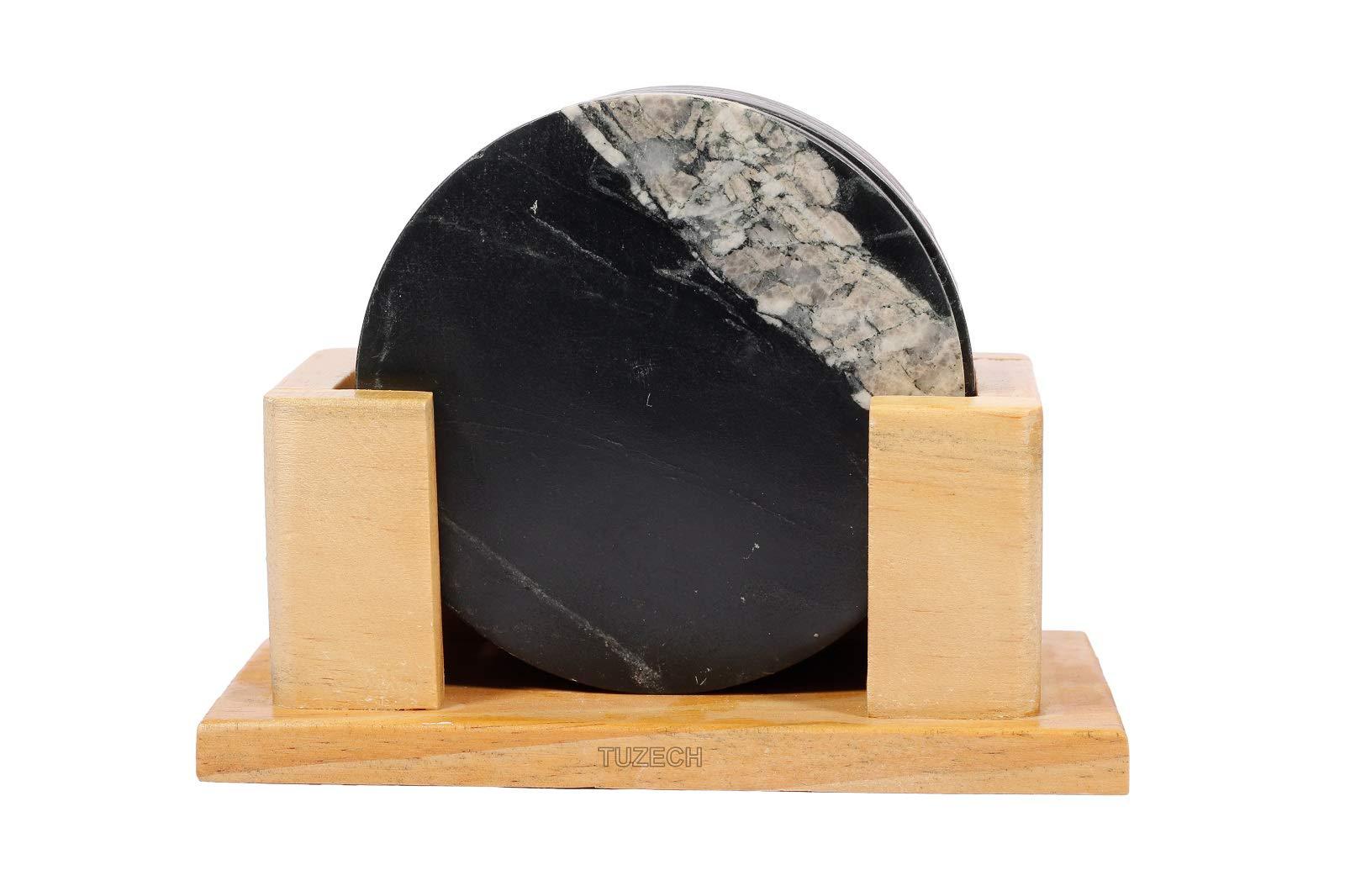 100% Pure Marble Natural Stone Coasters for Drinks with Wooden Holder Housewarming Suitable for Cup Glasses Prevent Furniture from Dirty Spills Water Ring, Scratches 4Inches Set of 6-Tuzech store