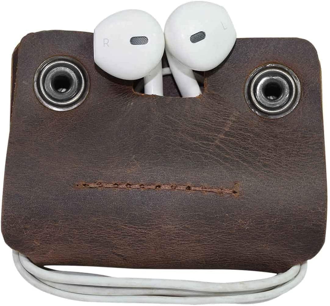 Tuzech Leather Cord Keeper (Cord Clam) Cord Snap Wrap Headphone Wrap Tangle Free Cord Sandwich Handmade Brown Color