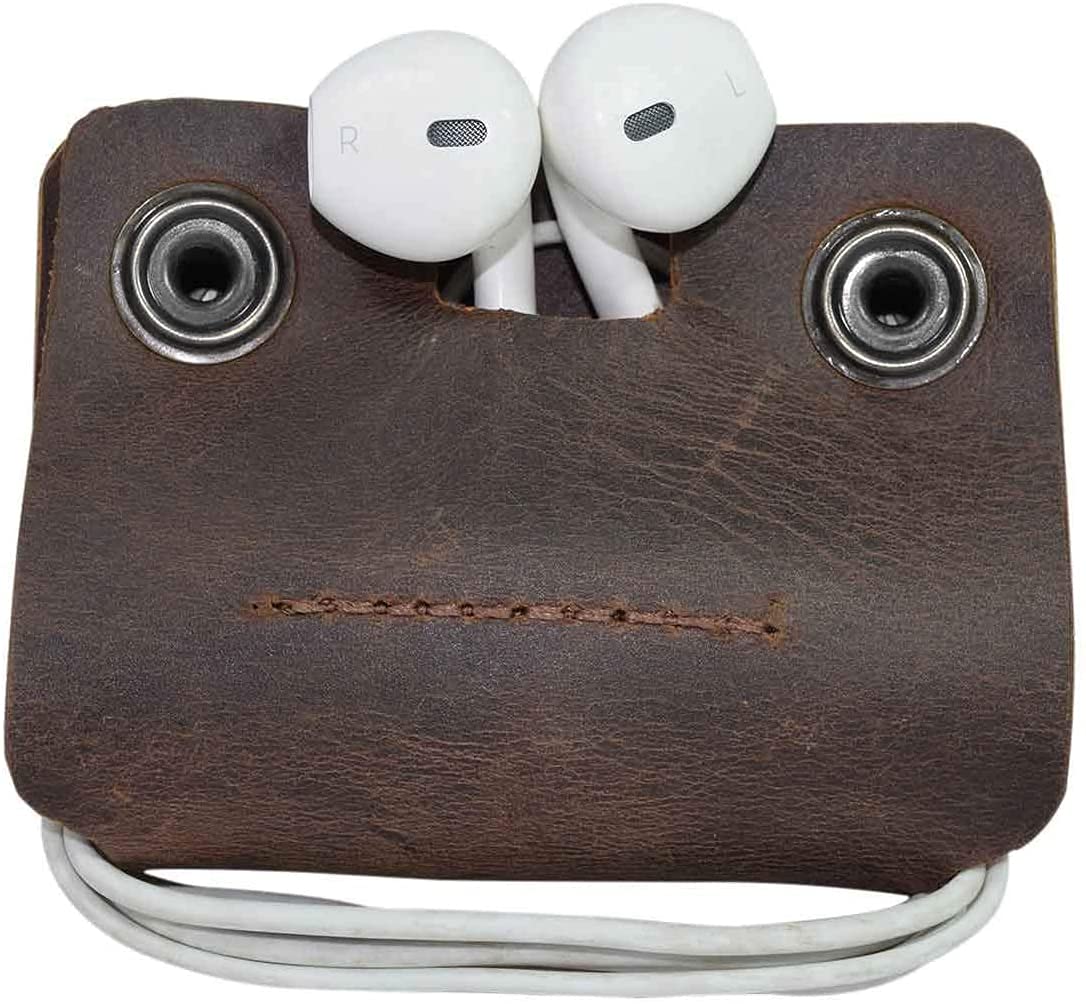 Tuzech Leather Cord Keeper (Cord Clam) Cord Snap Wrap Headphone Wrap Tangle Free Cord Sandwich Handmade Brown Color