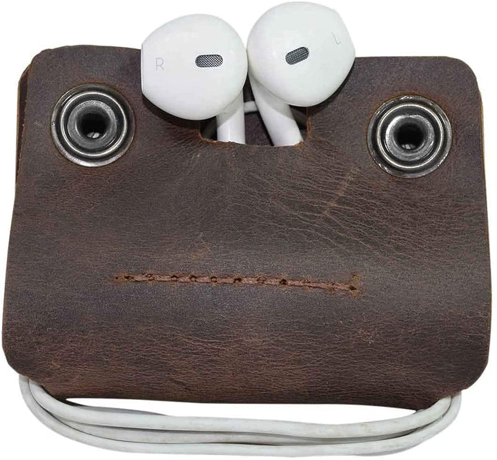 Tuzech Leather Cord Keeper (Cord Clam) Cord Snap Wrap Headphone Wrap Tangle Free Cord Sandwich Handmade Brown Color