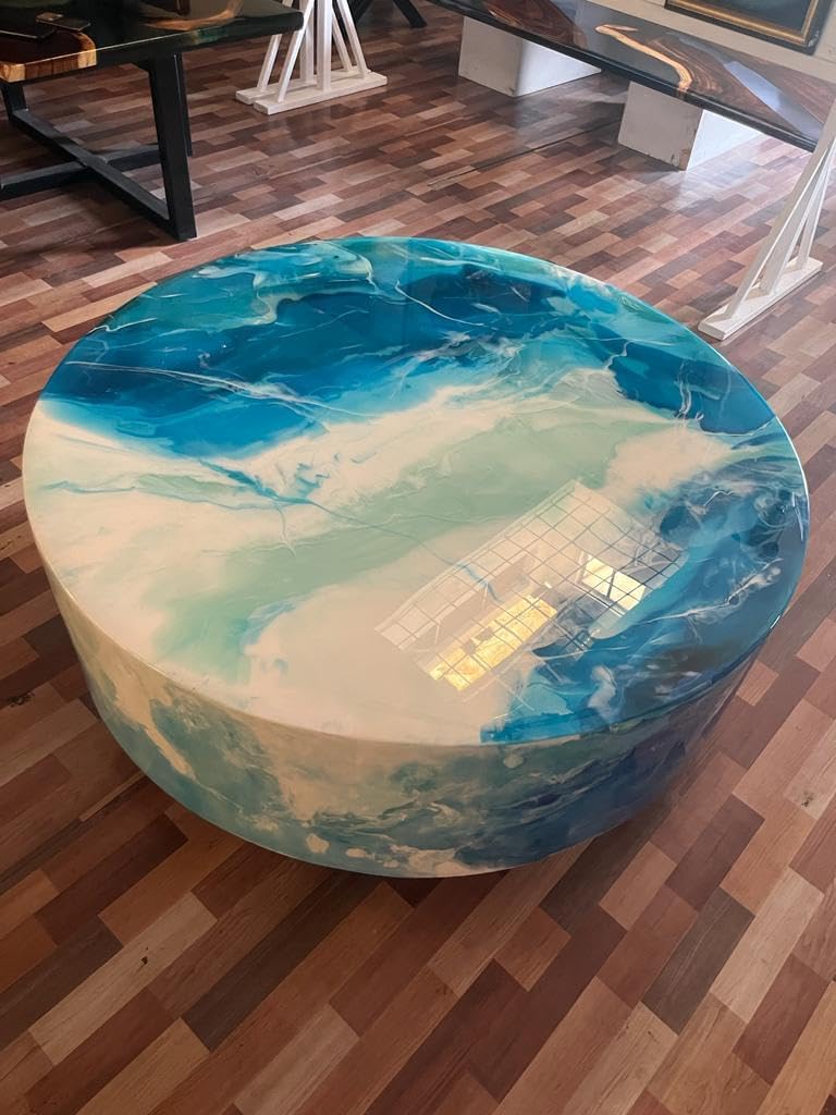 Unique White Epoxy with Blue Ocean Flow Look Round Table Top, Coffee Table, Resin Table, Luxury Table, Walnut Table, Wooden Resin Table. Size 42 by 42 Inches with Legs 12" Inches