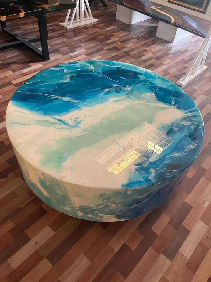 Unique White Epoxy with Blue Ocean Flow Look Round Table Top, Coffee Table, Resin Table, Luxury Table, Walnut Table, Wooden Resin Table. Size 42 by 42 Inches with Legs 12" Inches