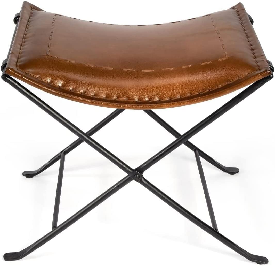 Tuzech Leather Foldable Barstools Butler Melton Brown Leather Stool | Leather Bar Stools | Leather Counter Stools | Genuine Leather Counter Stool | Cowhide Barstools | Rustic Vanity Sling Stool-Tuzech store