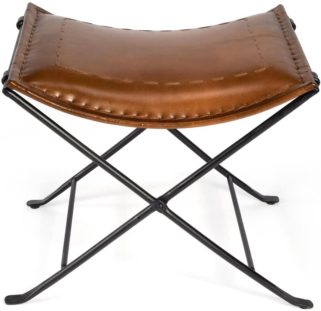 Tuzech Leather Foldable Barstools Butler Melton Brown Leather Stool | Leather Bar Stools | Leather Counter Stools | Genuine Leather Counter Stool | Cowhide Barstools | Rustic Vanity Sling Stool-Tuzech store