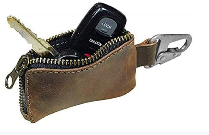 Leather Car Key Holder Headphone & Charging Cables/Memory Cards/Flash Drives/Cash Zipper Case with Clasp Handmade (Bourbon Brown)-Tuzech store