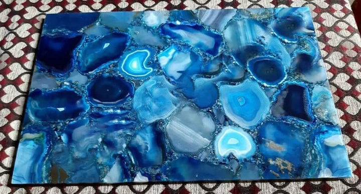TUZECH Customized Blue Agate Dining Table Blue Agate Square Table for 2 4 6 8 Living Room Table Coffee Table Bar Counter Wall Décor Ceiling Frame