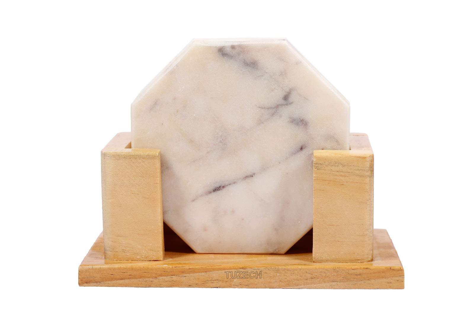 100% Pure Marble Natural Stone Coasters for Drinks with Wooden Holder Housewarming Suitable for Cup Glasses Prevent Furniture from Dirty Spills Water Ring, Scratches 4Inches Set of 6-Tuzech store