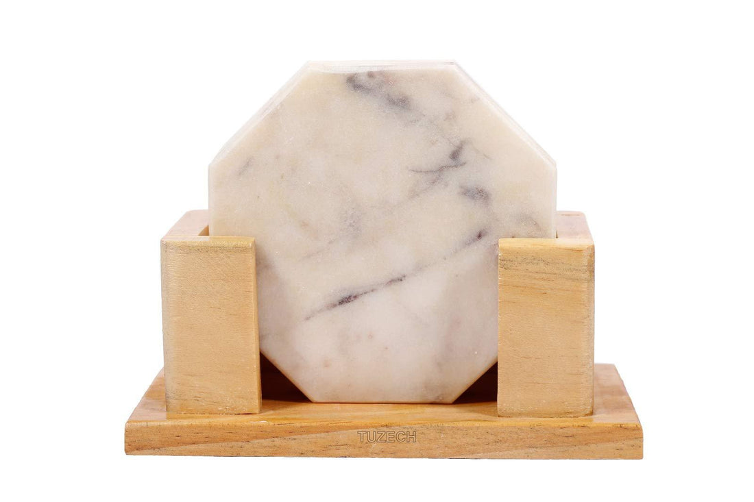 100% Pure Marble Natural Stone Coasters for Drinks with Wooden Holder Housewarming Suitable for Cup Glasses Prevent Furniture from Dirty Spills Water Ring, Scratches 4Inches Set of 6-Tuzech store