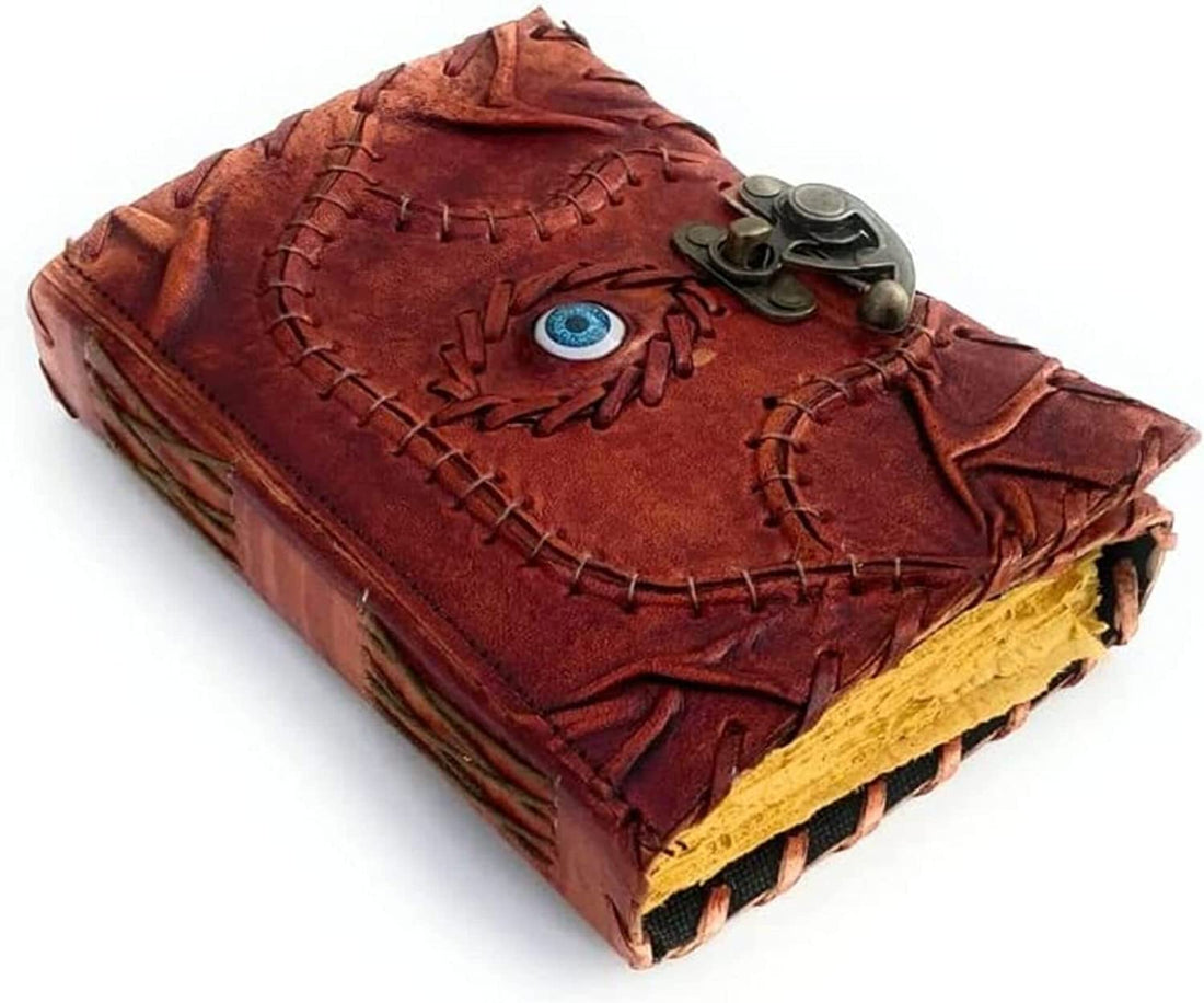 TUZECH Customizable Hocus Pocus Book of Spells Leather Journal Deckle Edge Paper Grimoire Journal Third Eye Vintage Book of Shadows Seven Chakra Antique Spell Book Lock Clasp Notebook Witch