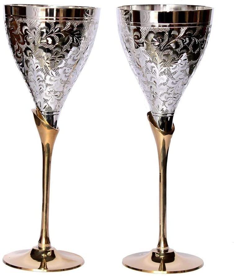 TUZECH Wine Champagne Whisky Glasses - Pure Handmade Silver Plated Engraved Premium Goblet | Champagne Flutes Coupes | Party Glass Dining Set Cutlery, Business Gift – (10 OZ 6 piece) Silver Wine Glass-Tuzech store