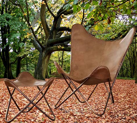 TUZECH Handmade Leather Chair Cover with Iron Stand and Butterfly Leather Stool for Home Decoration - Brown Color-Tuzech store