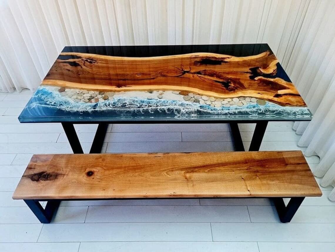 Customized Large Epoxy Table, Blue Resin Dining Table with Stones for 2, 4, 6, 8 River epoxy Dining Table, Epoxy Coffee Table, Living Room Table, Home décor